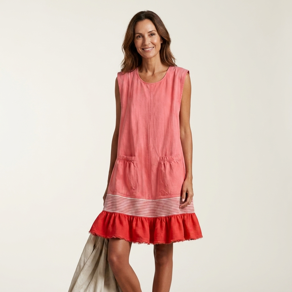 Amaya | Round-Neck Sleeveless Striped Ruffle-Hem Swing Dress