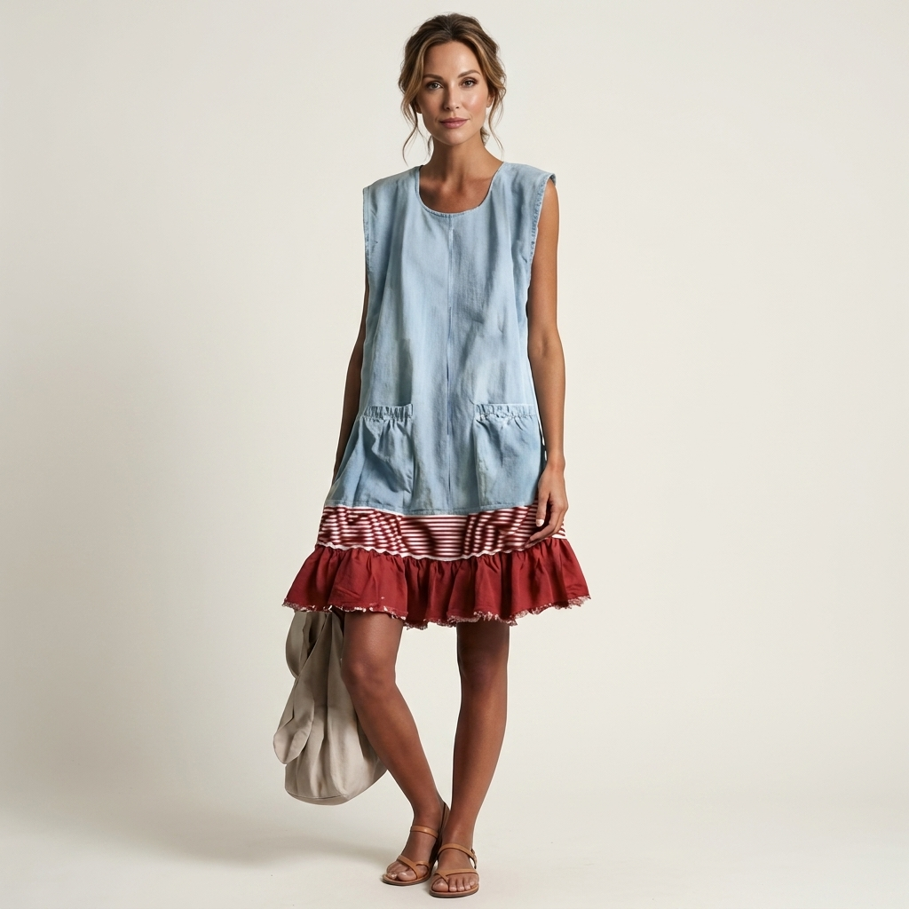 Amaya | Round-Neck Sleeveless Striped Ruffle-Hem Swing Dress