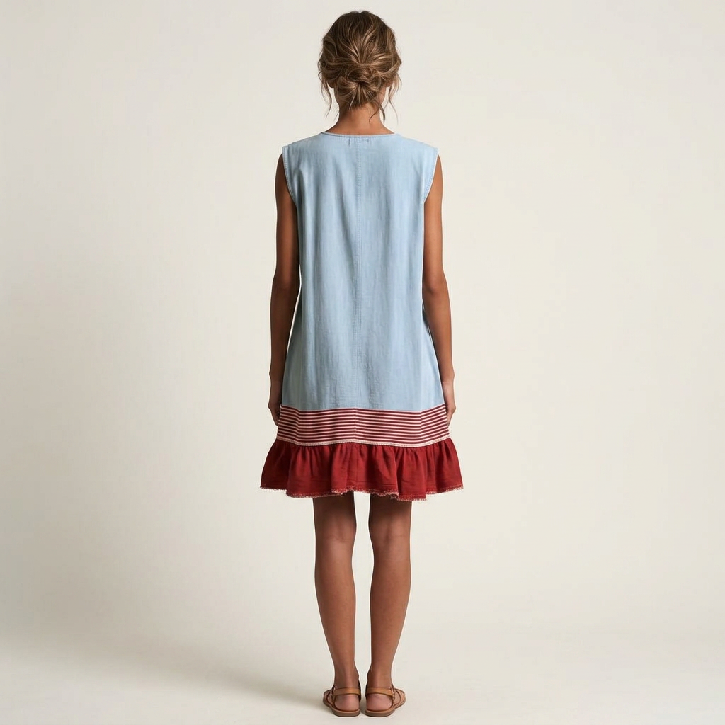 Amaya | Round-Neck Sleeveless Striped Ruffle-Hem Swing Dress