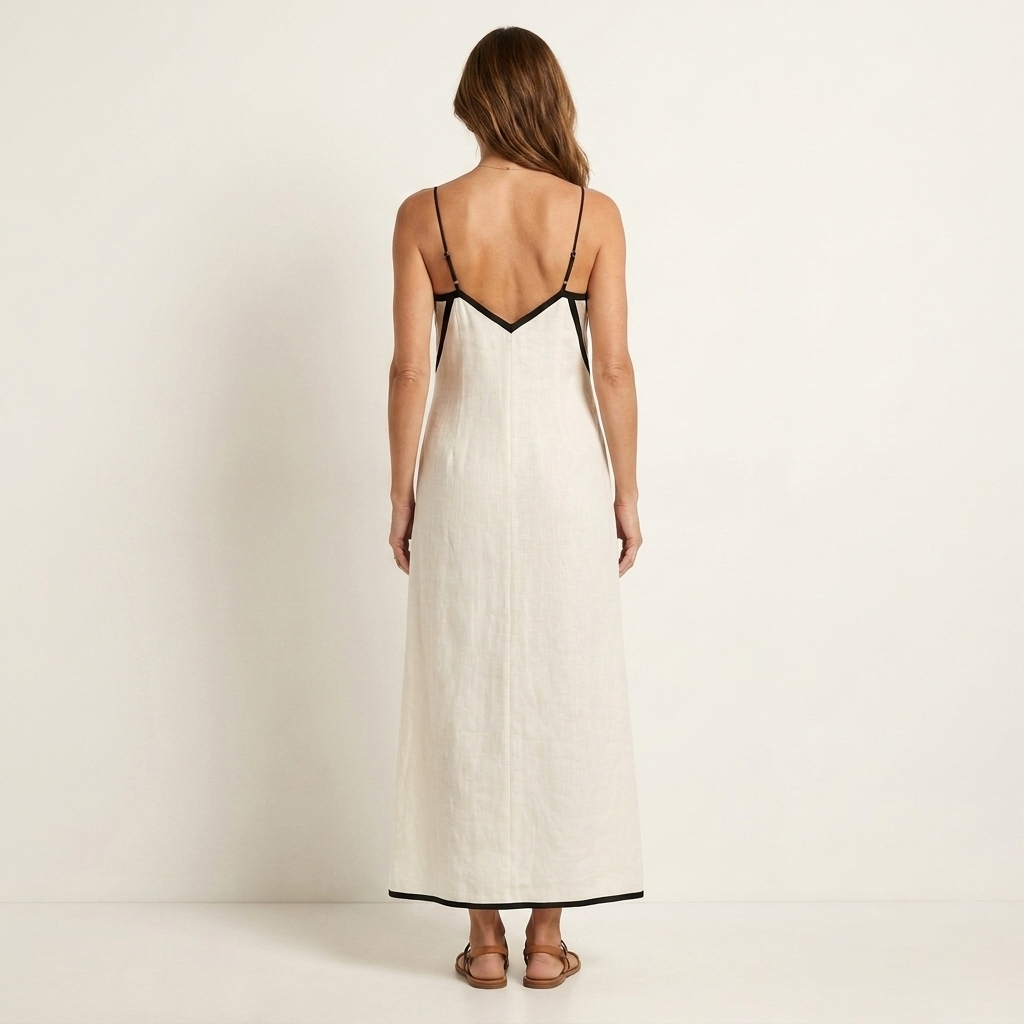 Monicia | Chevron-Trim V-Neck Spaghetti-Strap Linen Slip Maxi Dress