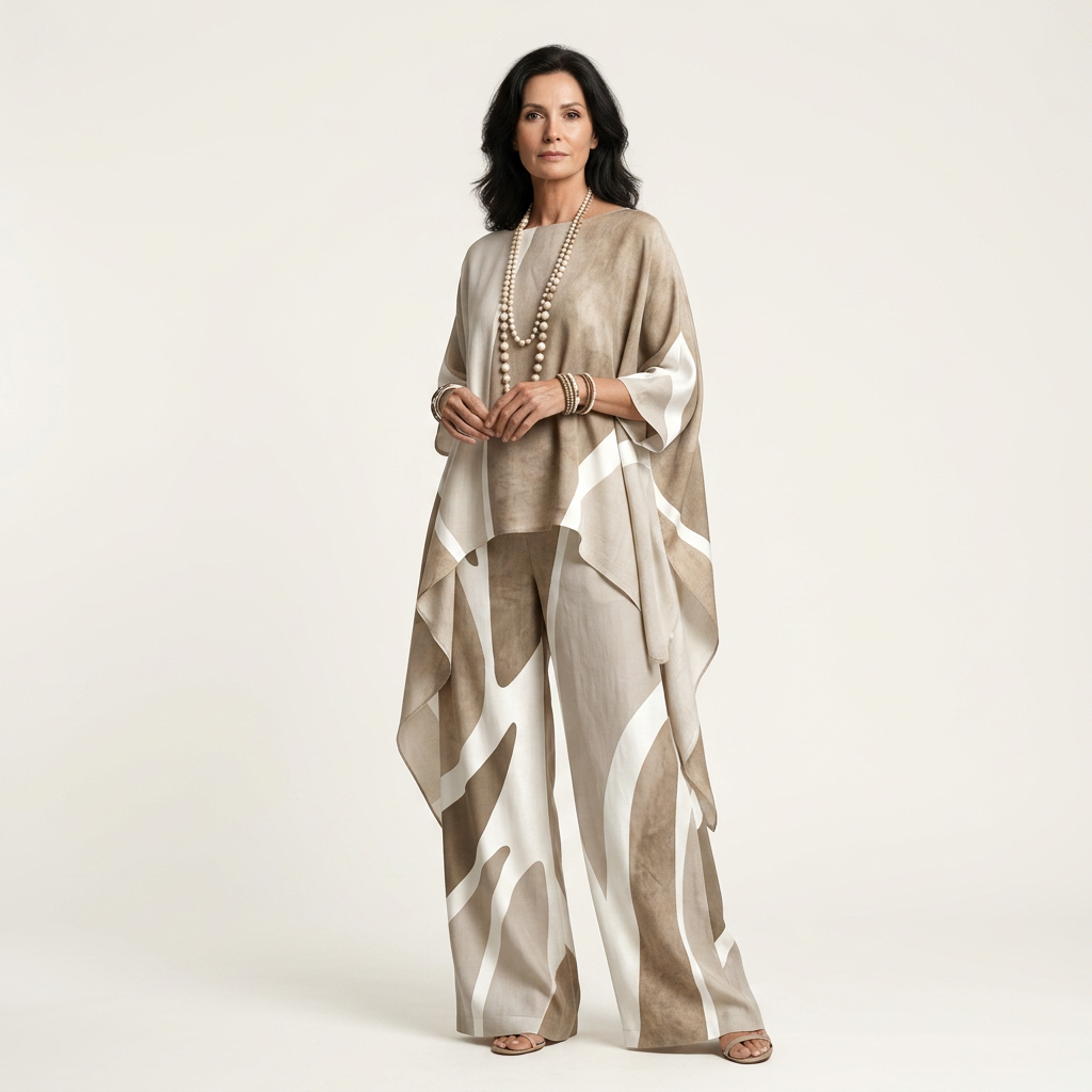 Mandy | Abstract-Print Asymmetric Cape Top & Wide-Leg Pants Set