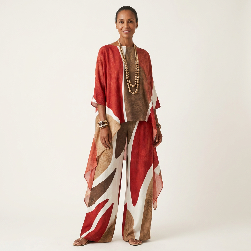 Mandy | Abstract-Print Asymmetric Cape Top & Wide-Leg Pants Set