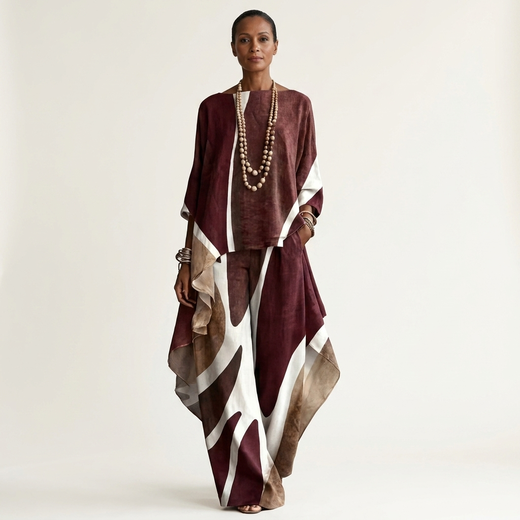 Mandy | Abstract-Print Asymmetric Cape Top & Wide-Leg Pants Set