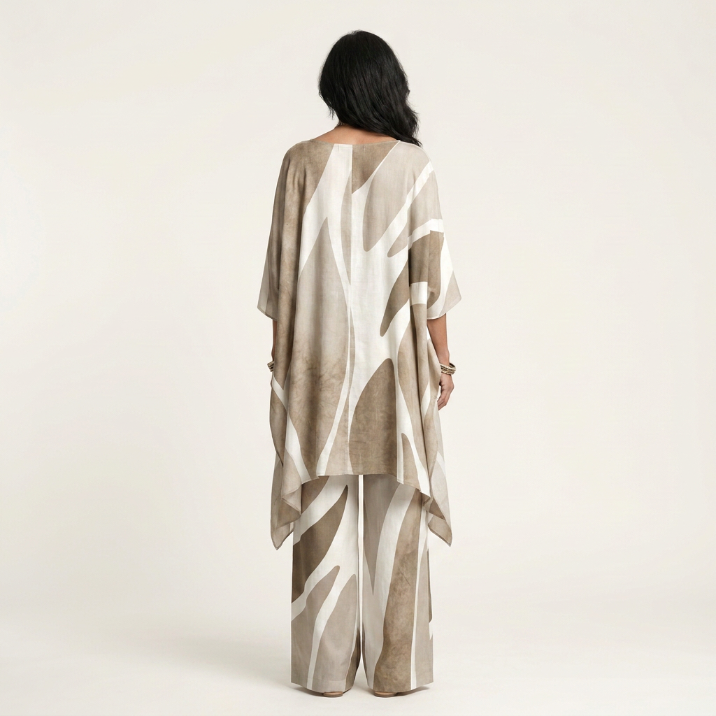 Mandy | Abstract-Print Asymmetric Cape Top & Wide-Leg Pants Set