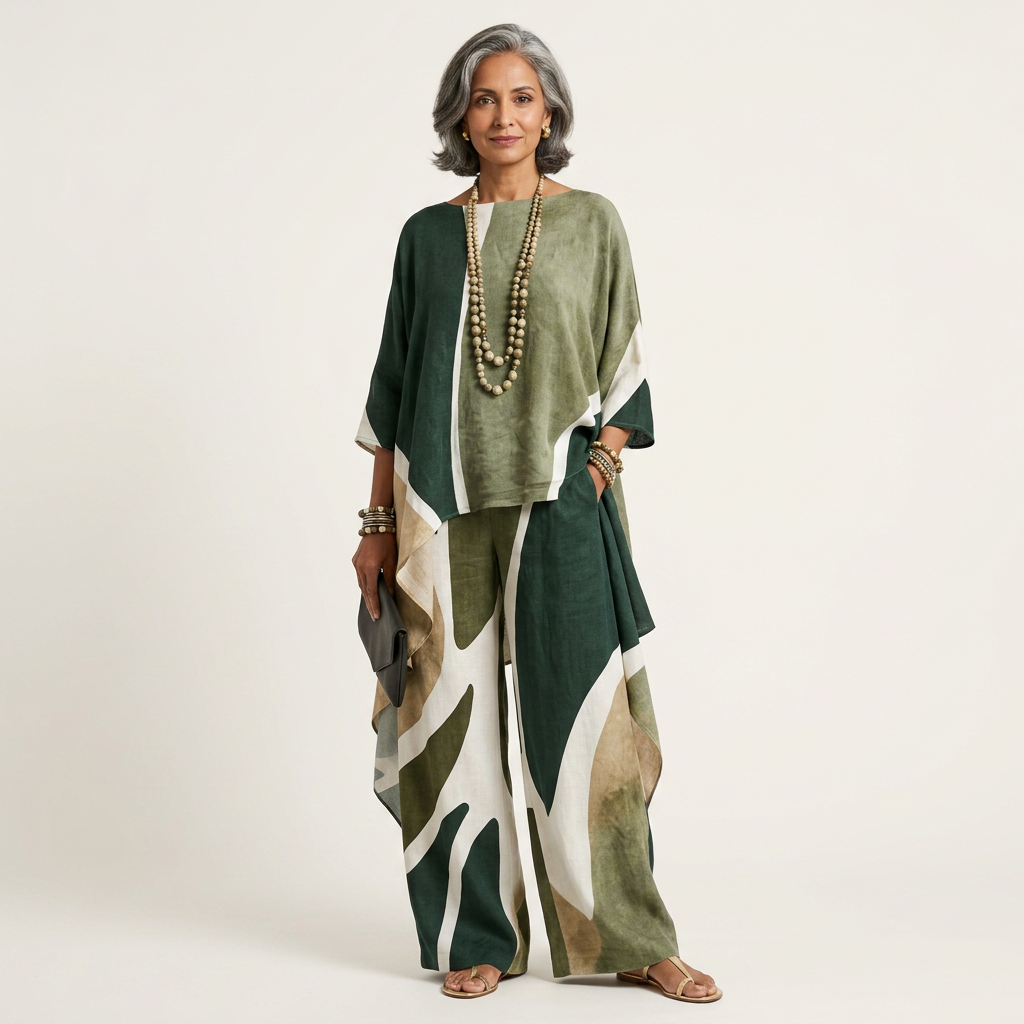 Mandy | Abstract-Print Asymmetric Cape Top & Wide-Leg Pants Set