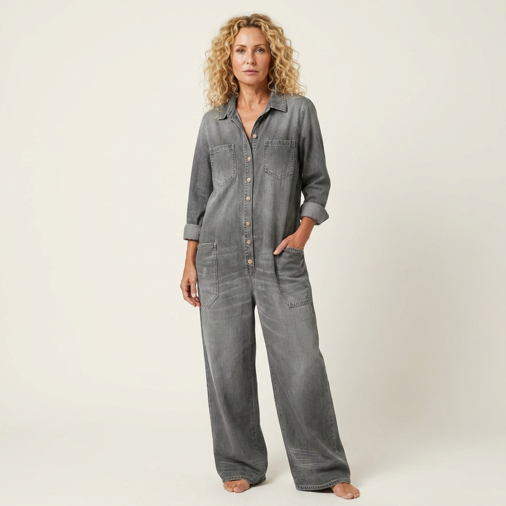Lenia | Collared Button-Front Wide-Leg Denim Jumpsuit