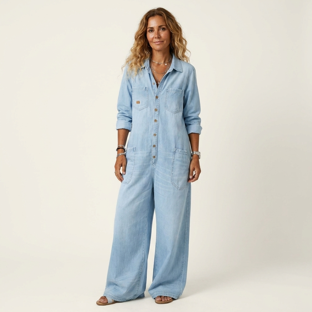 Lenia | Collared Button-Front Wide-Leg Denim Jumpsuit