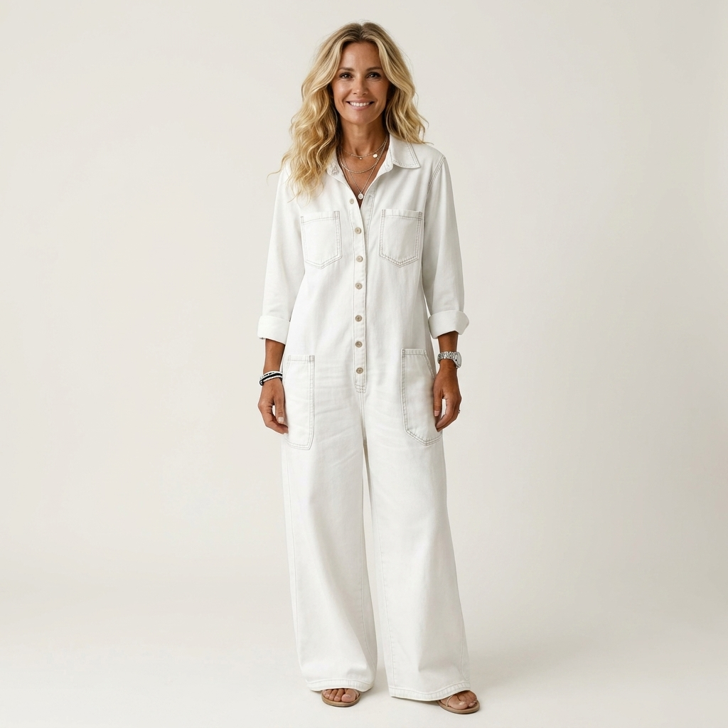 Lenia | Collared Button-Front Wide-Leg Denim Jumpsuit