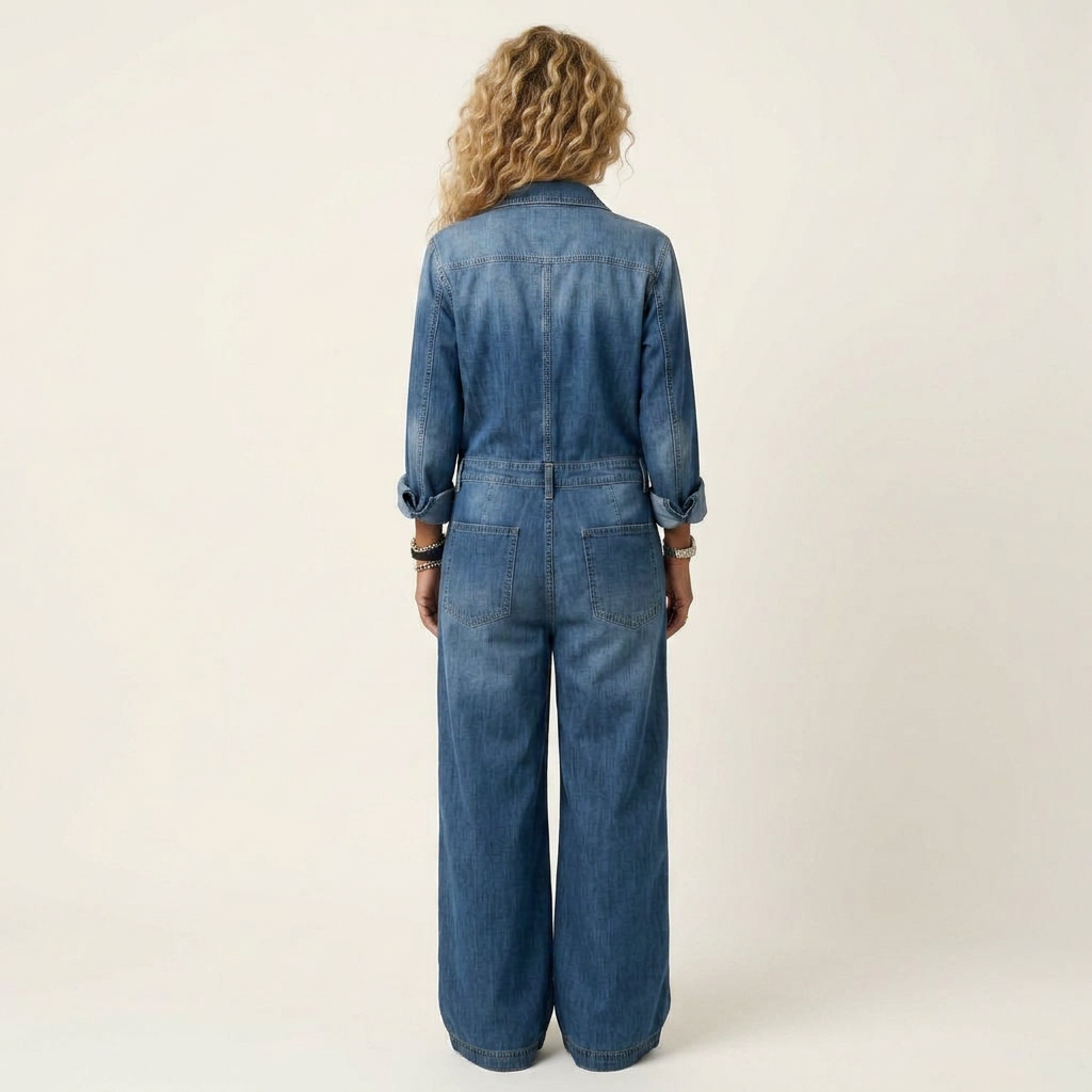 Lenia | Collared Button-Front Wide-Leg Denim Jumpsuit