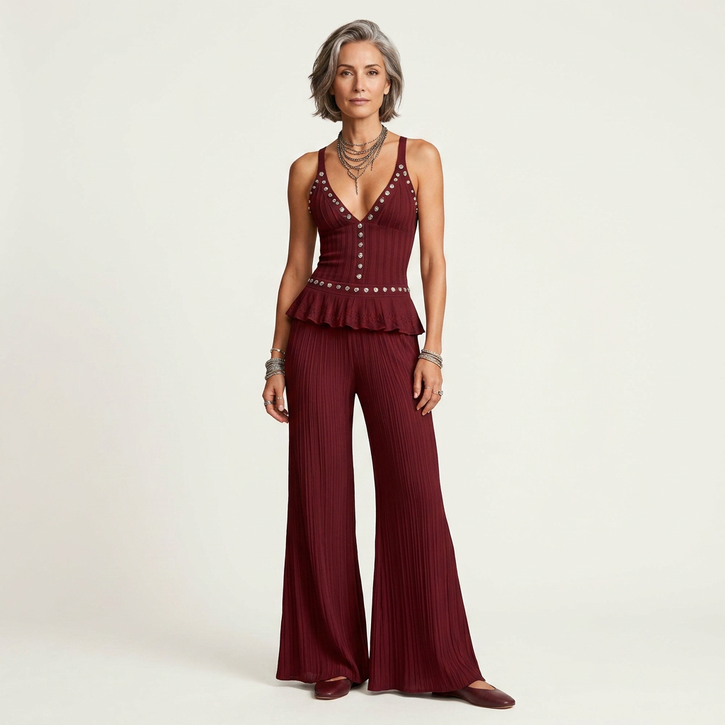 Mariellina | Studded V-Neck Camisole & High-Waist Wide-Leg Pants Set
