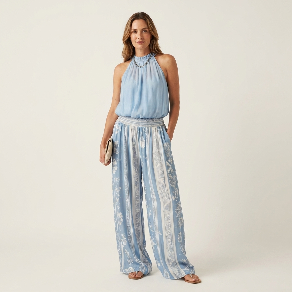 Jayna | Sleeveless Ruffle-Neck Top & Printed Wide-Leg Pant Set