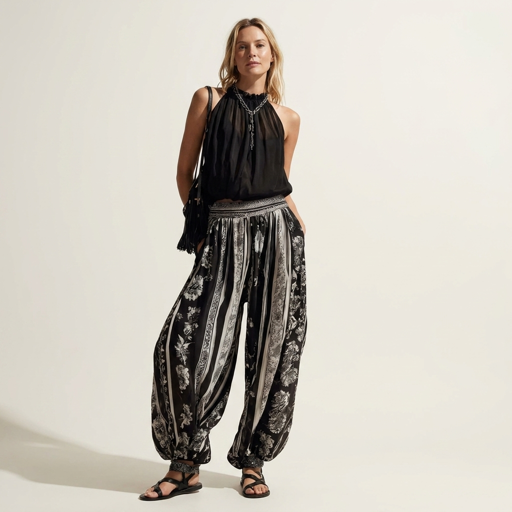 Jayna | Sleeveless Ruffle-Neck Top & Printed Wide-Leg Pant Set