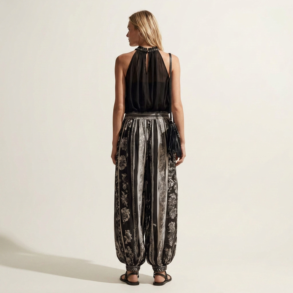Jayna | Sleeveless Ruffle-Neck Top & Printed Wide-Leg Pant Set