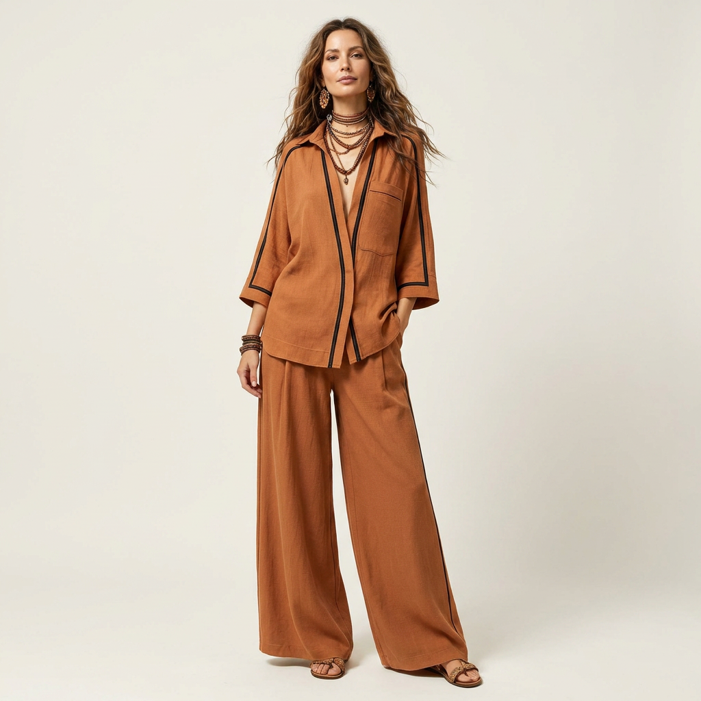 Karen | Contrast-Trim Lapel Shirt & Wide-Leg Pant Set
