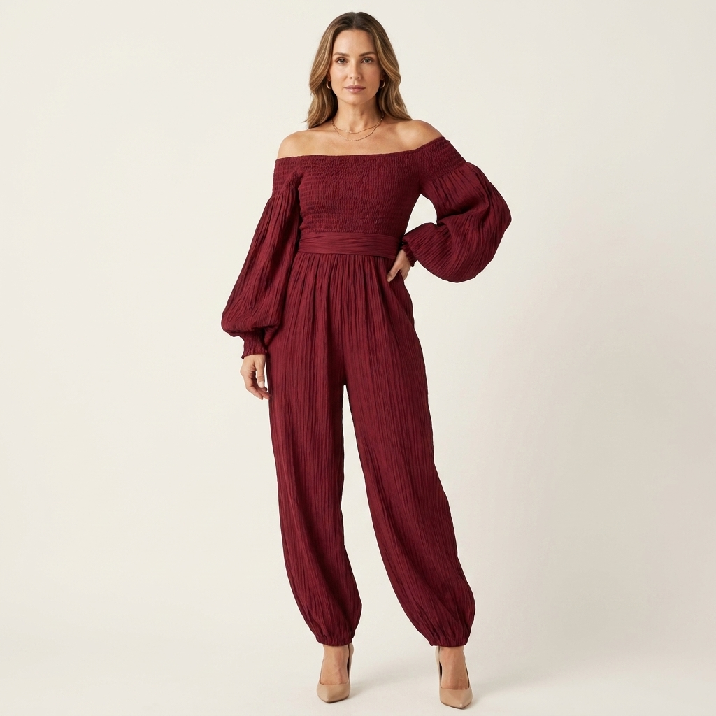 Mariene | Off-Shoulder Smocked Lantern-Sleeve Jumpsuit