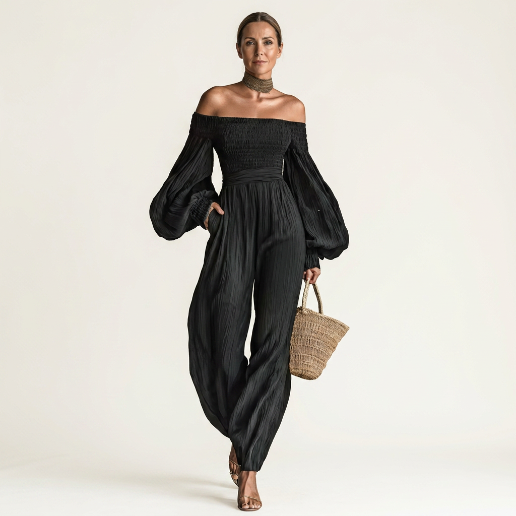 Mariene | Off-Shoulder Smocked Lantern-Sleeve Jumpsuit