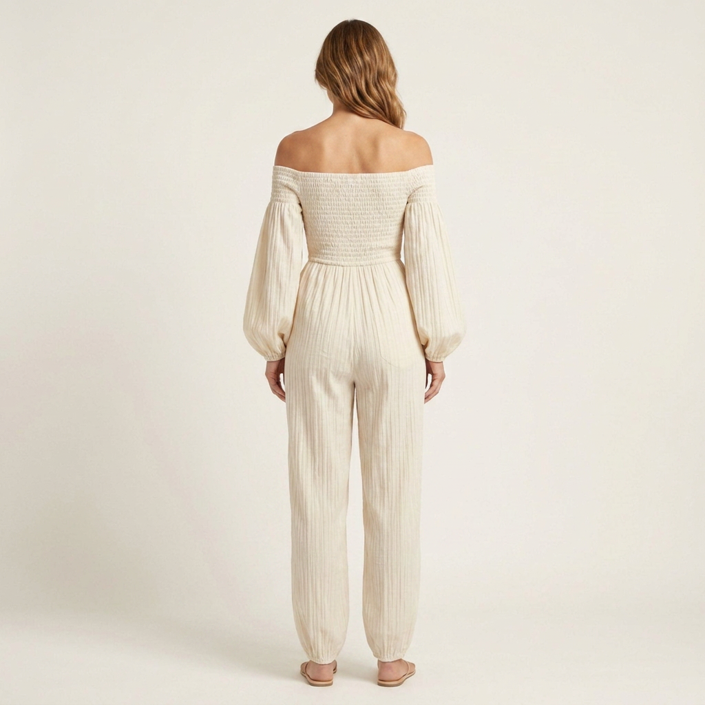 Mariene | Off-Shoulder Smocked Lantern-Sleeve Jumpsuit