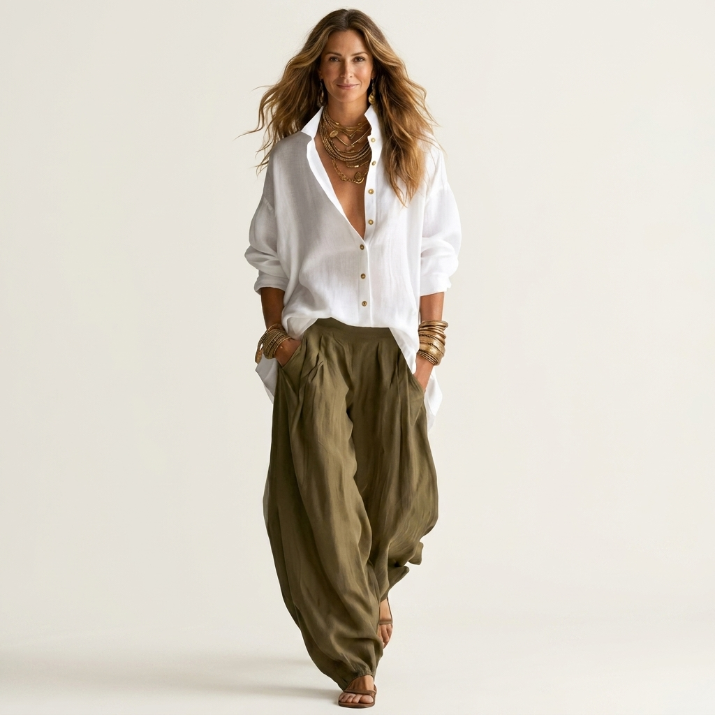 Riamara | Oversized Collar Blouse & High-Waist Wide-Leg Pant Set
