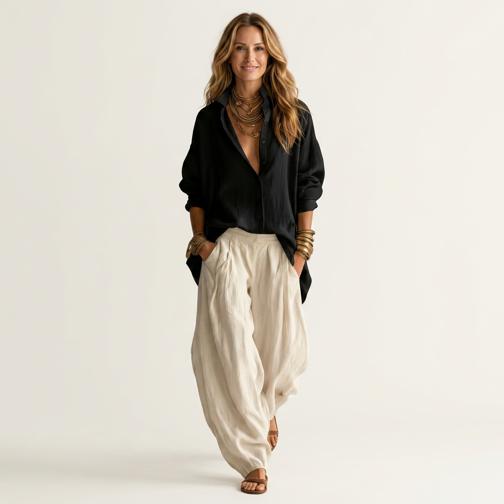 Riamara | Oversized Collar Blouse & High-Waist Wide-Leg Pant Set