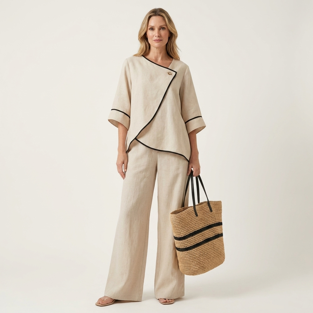 Salma | Contrast-Trim Asymmetric Top & Split Wide-Leg Pant Set