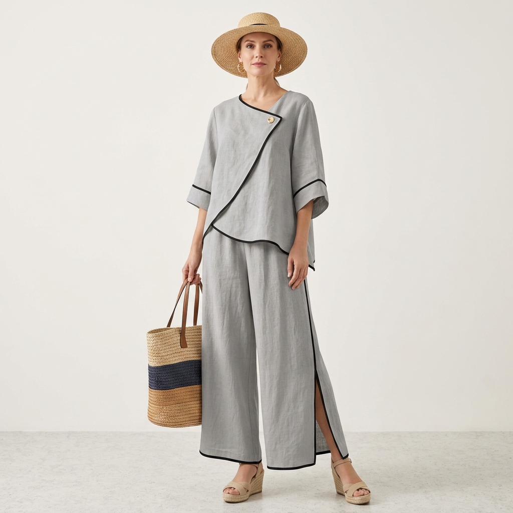 Salma | Contrast-Trim Asymmetric Top & Split Wide-Leg Pant Set