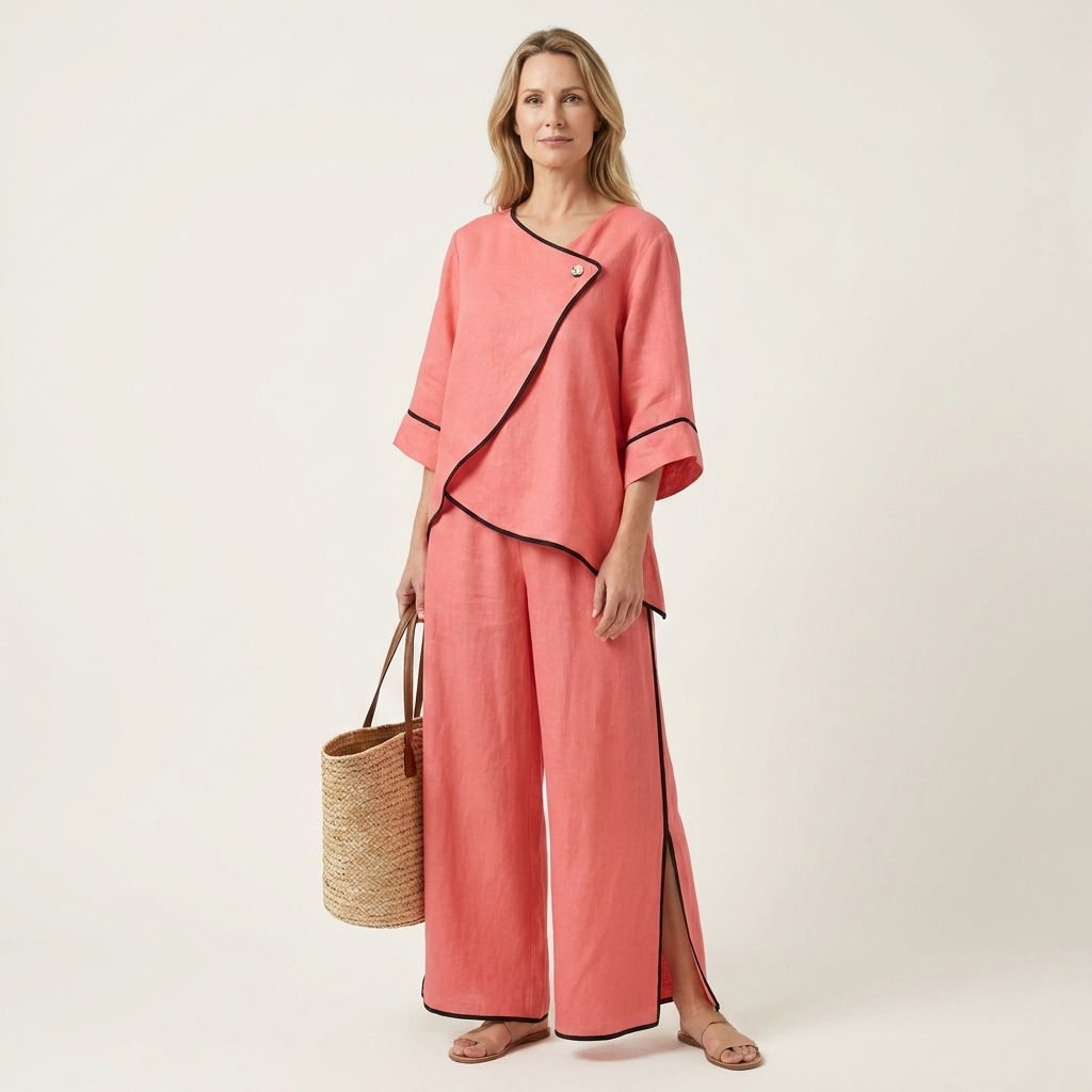 Salma | Contrast-Trim Asymmetric Top & Split Wide-Leg Pant Set
