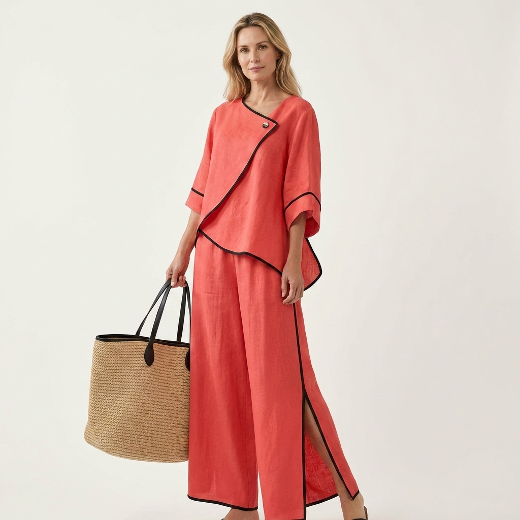 Salma | Contrast-Trim Asymmetric Top & Split Wide-Leg Pant Set