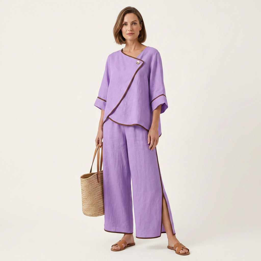 Salma | Contrast-Trim Asymmetric Top & Split Wide-Leg Pant Set