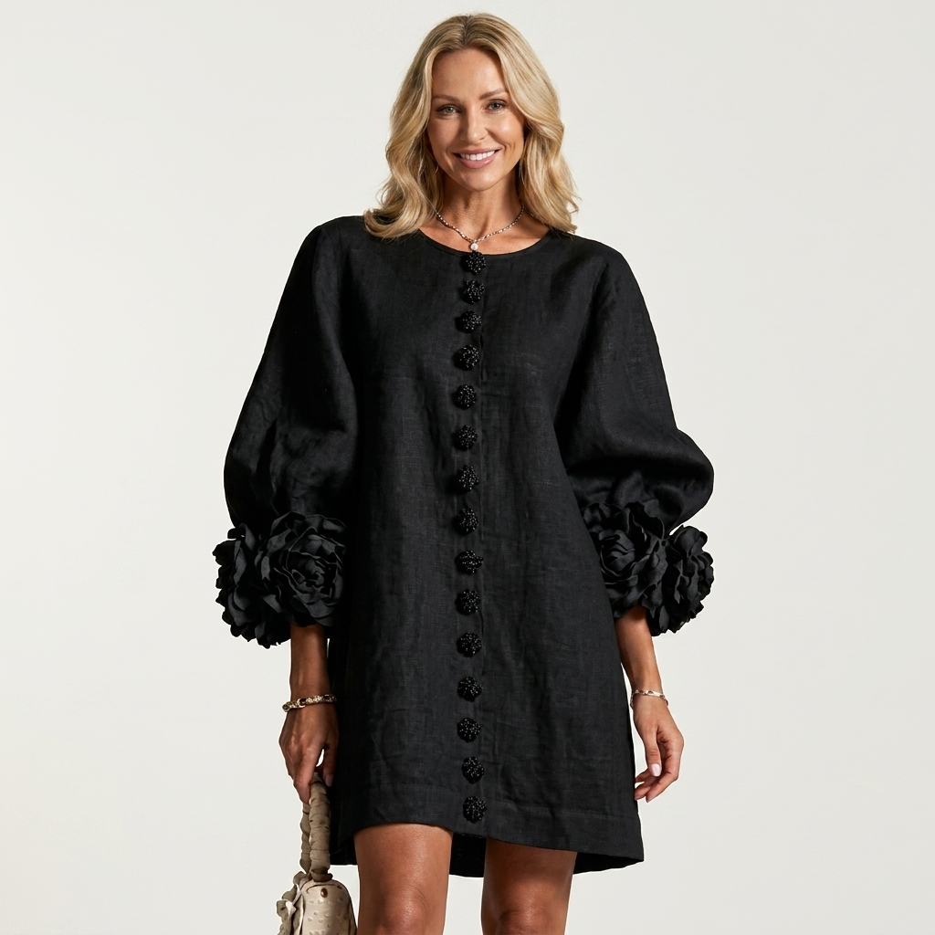 Stellina | Floral-Button Rose-Cuff Textured Mini Dress