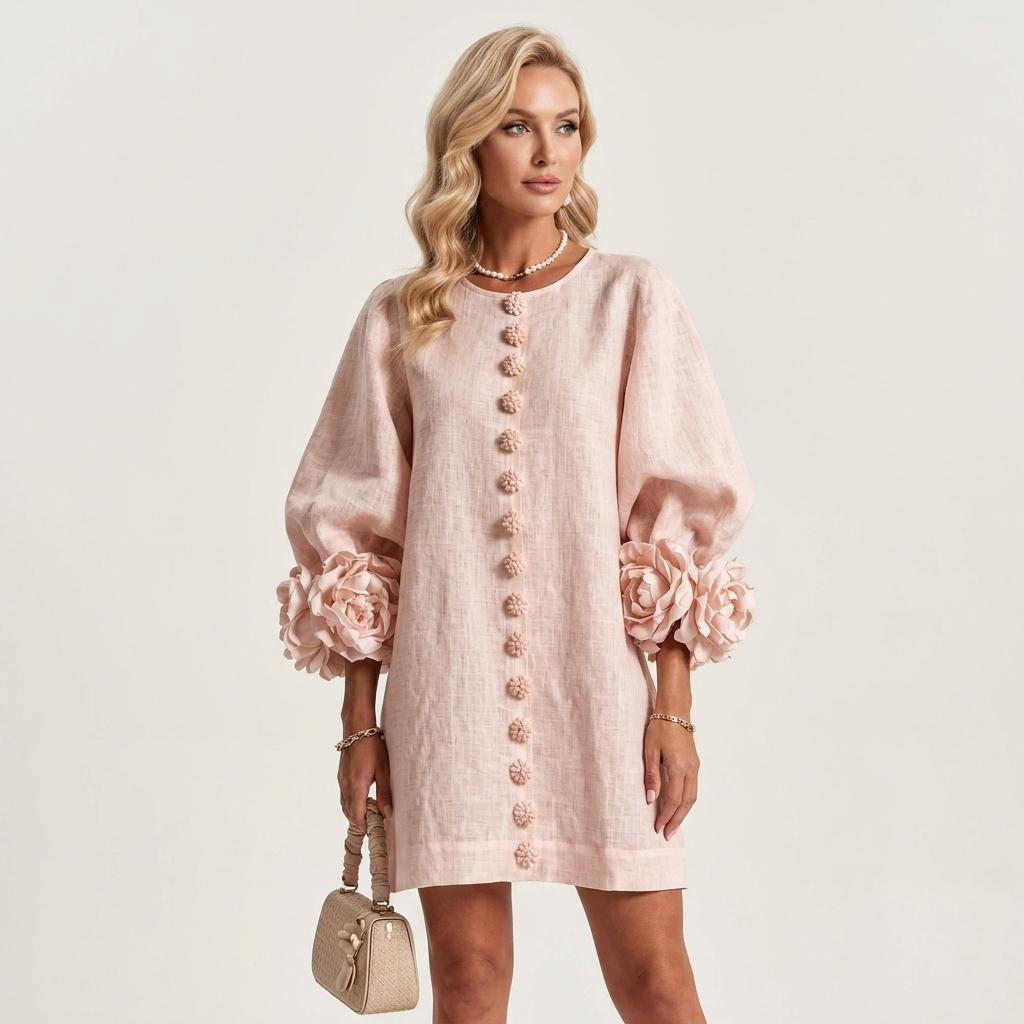 Stellina | Floral-Button Rose-Cuff Textured Mini Dress