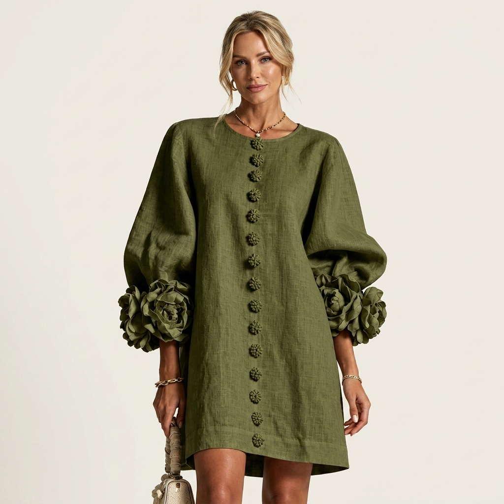 Stellina | Floral-Button Rose-Cuff Textured Mini Dress