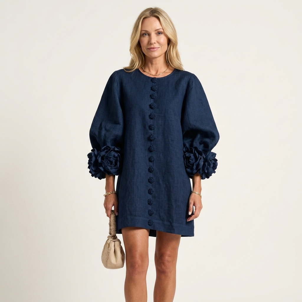Stellina | Floral-Button Rose-Cuff Textured Mini Dress