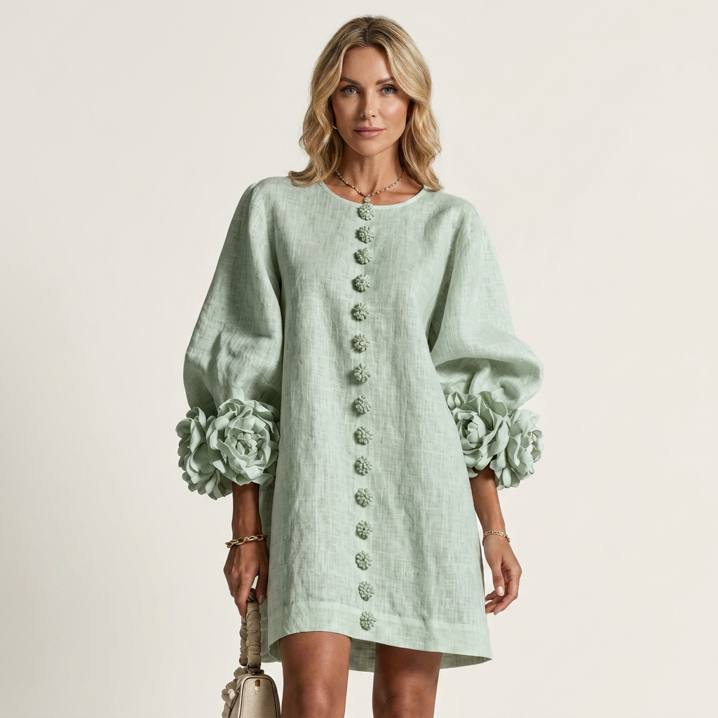 Stellina | Floral-Button Rose-Cuff Textured Mini Dress
