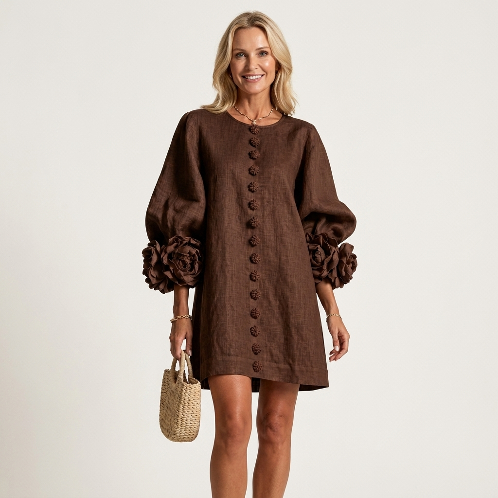 Stellina | Floral-Button Rose-Cuff Textured Mini Dress