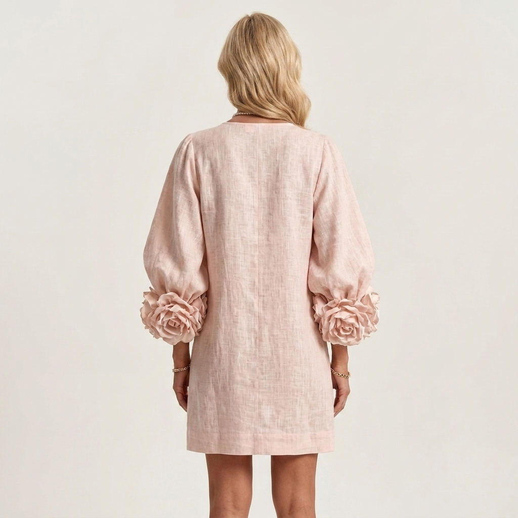 Stellina | Floral-Button Rose-Cuff Textured Mini Dress