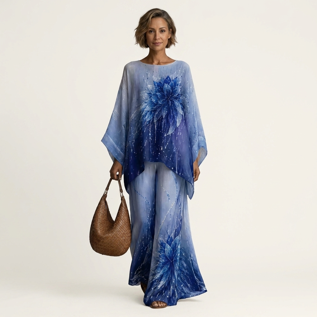 Oliviana | Floral Print Batwing Top & Wide-Leg Pant Set