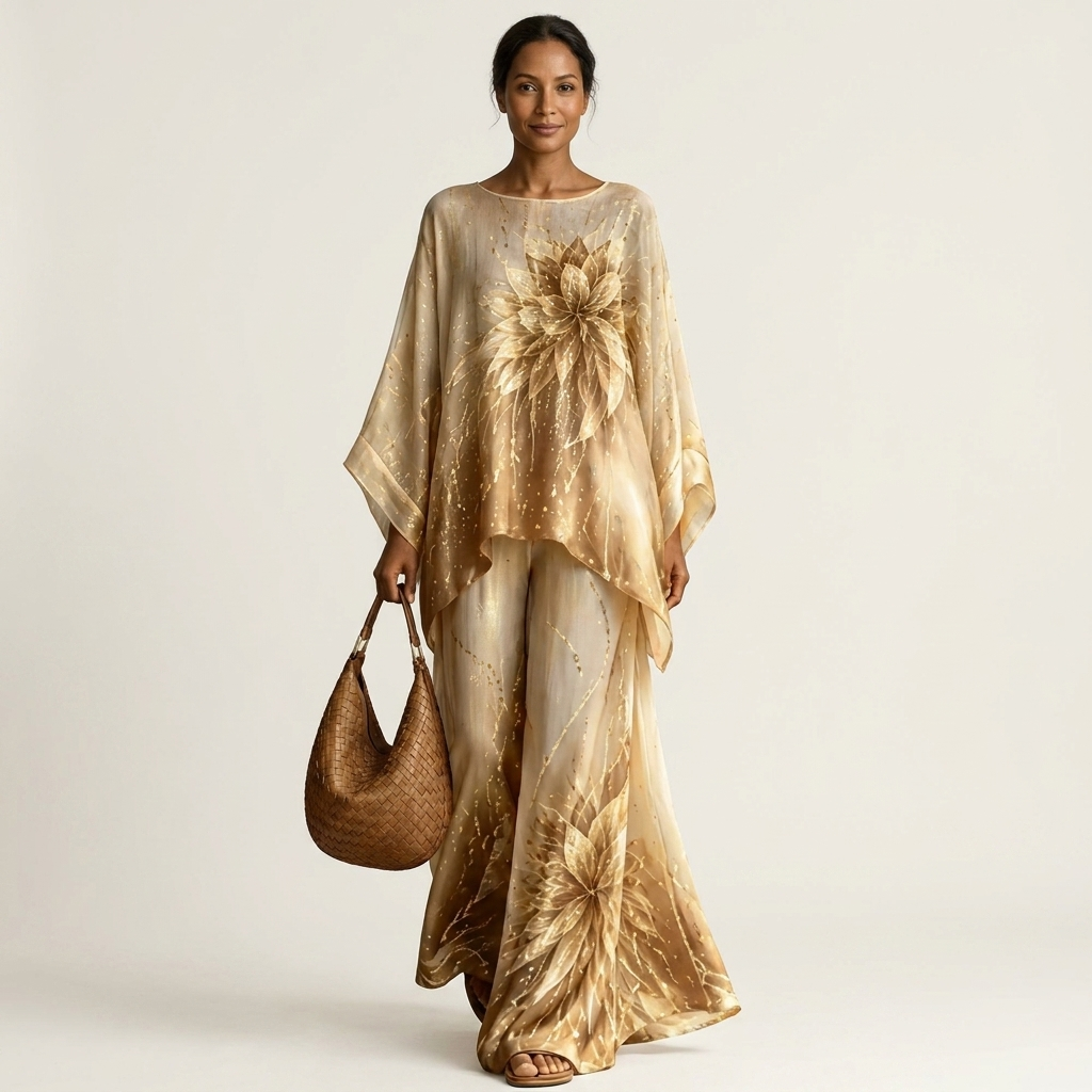Oliviana | Floral Print Batwing Top & Wide-Leg Pant Set