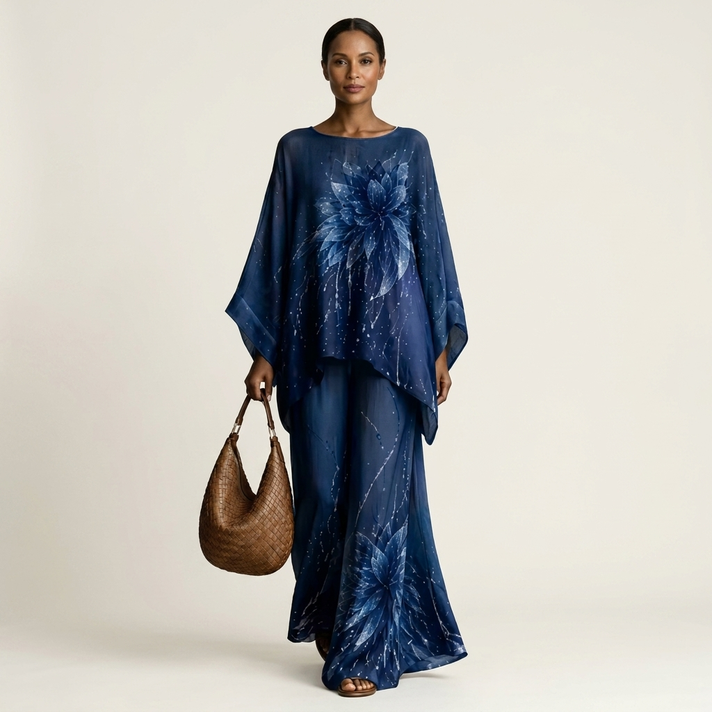 Oliviana | Floral Print Batwing Top & Wide-Leg Pant Set