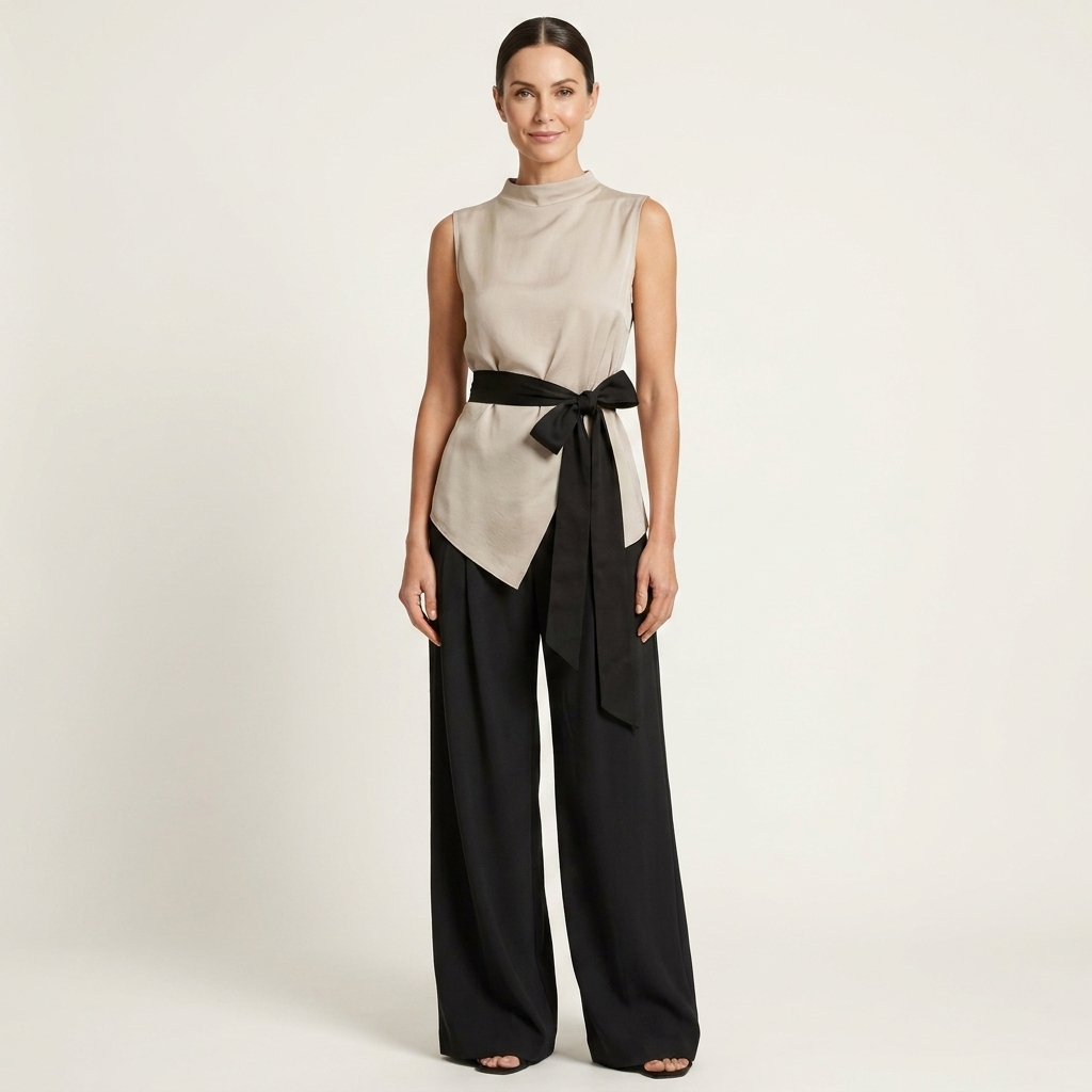 Lianella | Contrast Bow-Tie O-Neck Top & Wide-Leg Pant Set