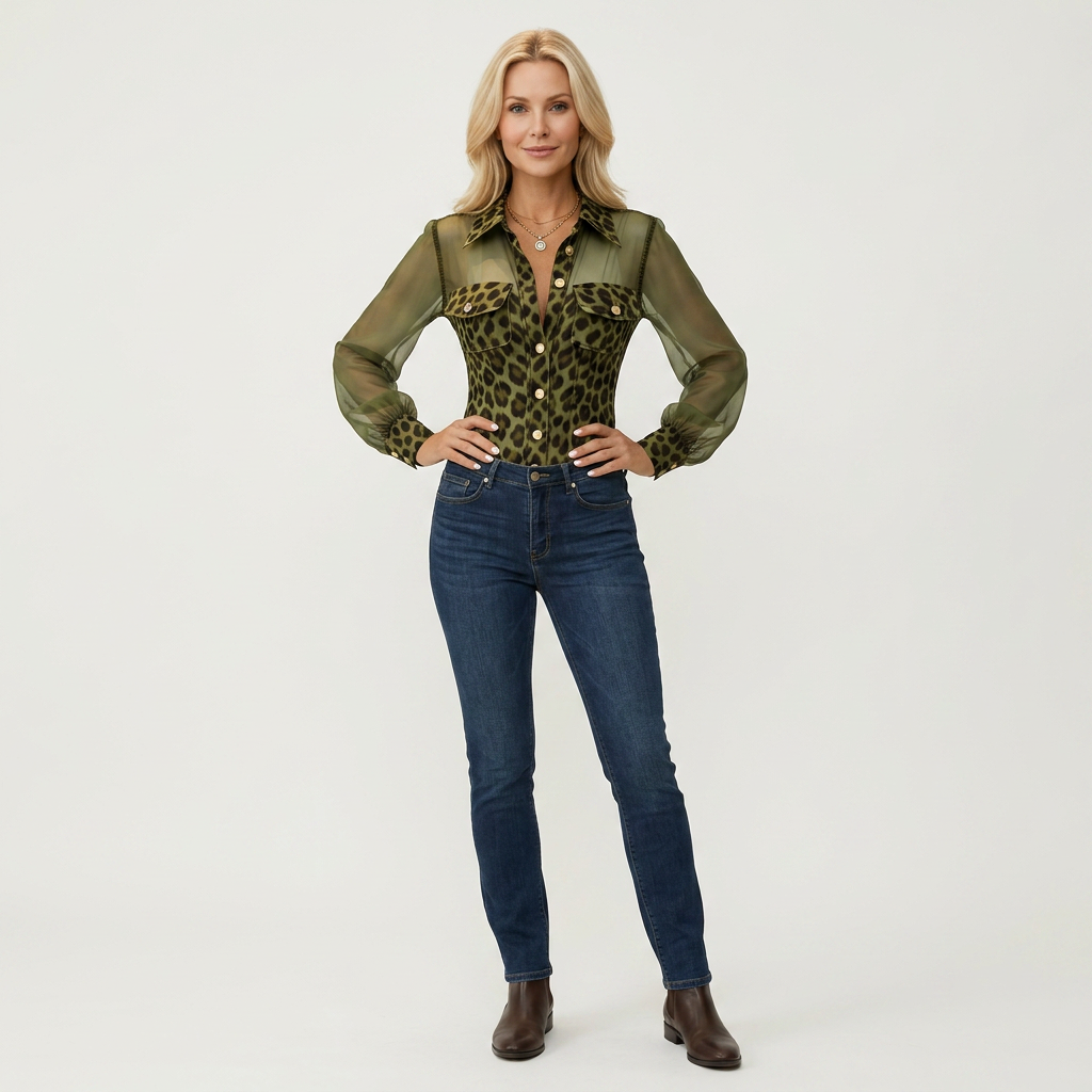 Katharina | Leopard Print Sheer Mesh-Sleeve Blouse