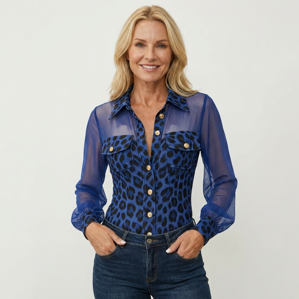 Katharina | Leopard Print Sheer Mesh-Sleeve Blouse