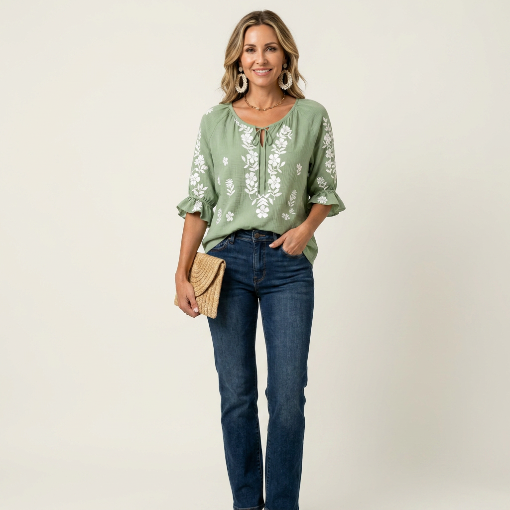 Elora | Floral Embroidered Tie-Neck Ruffle Sleeve Blouse