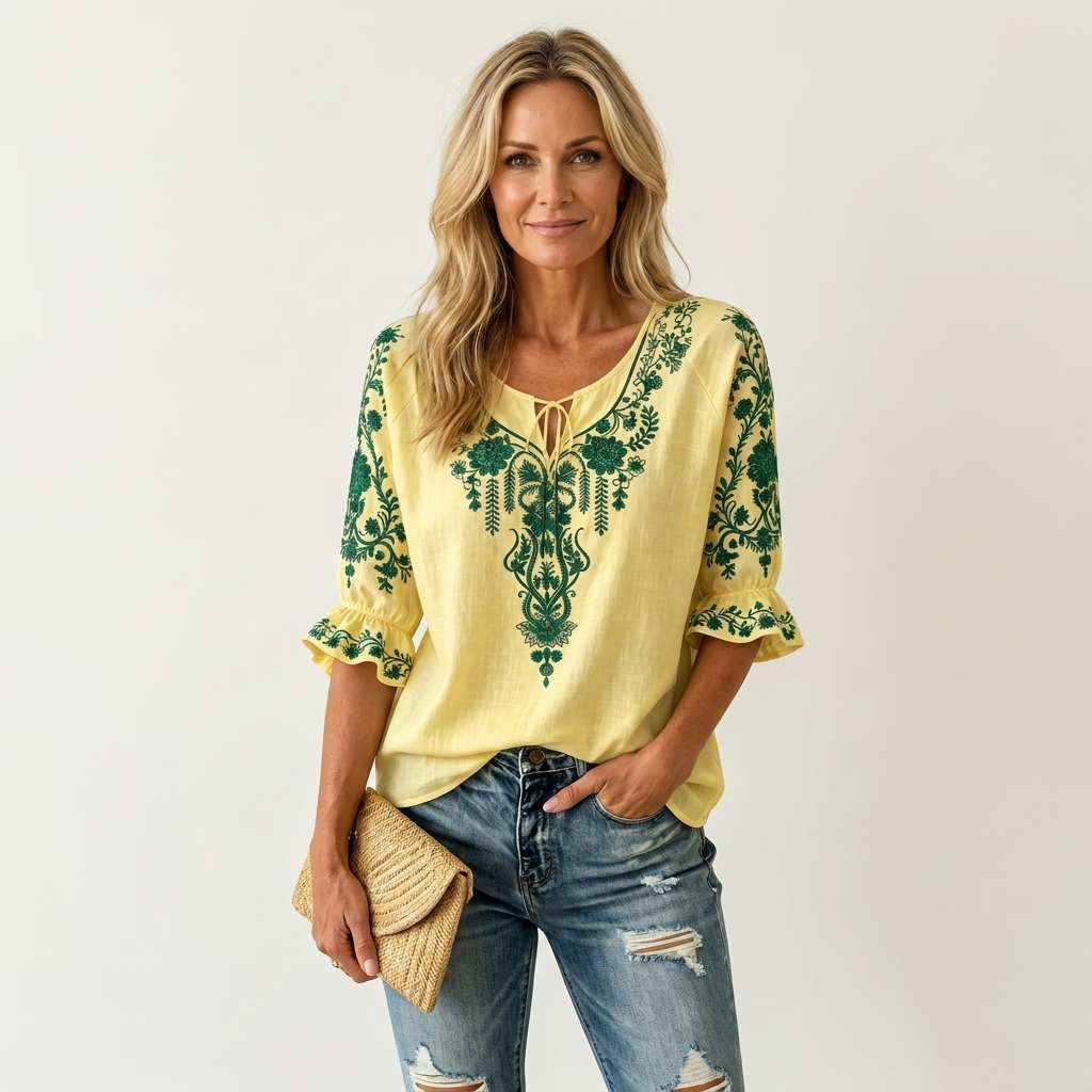 Elora | Floral Embroidered Tie-Neck Ruffle Sleeve Blouse