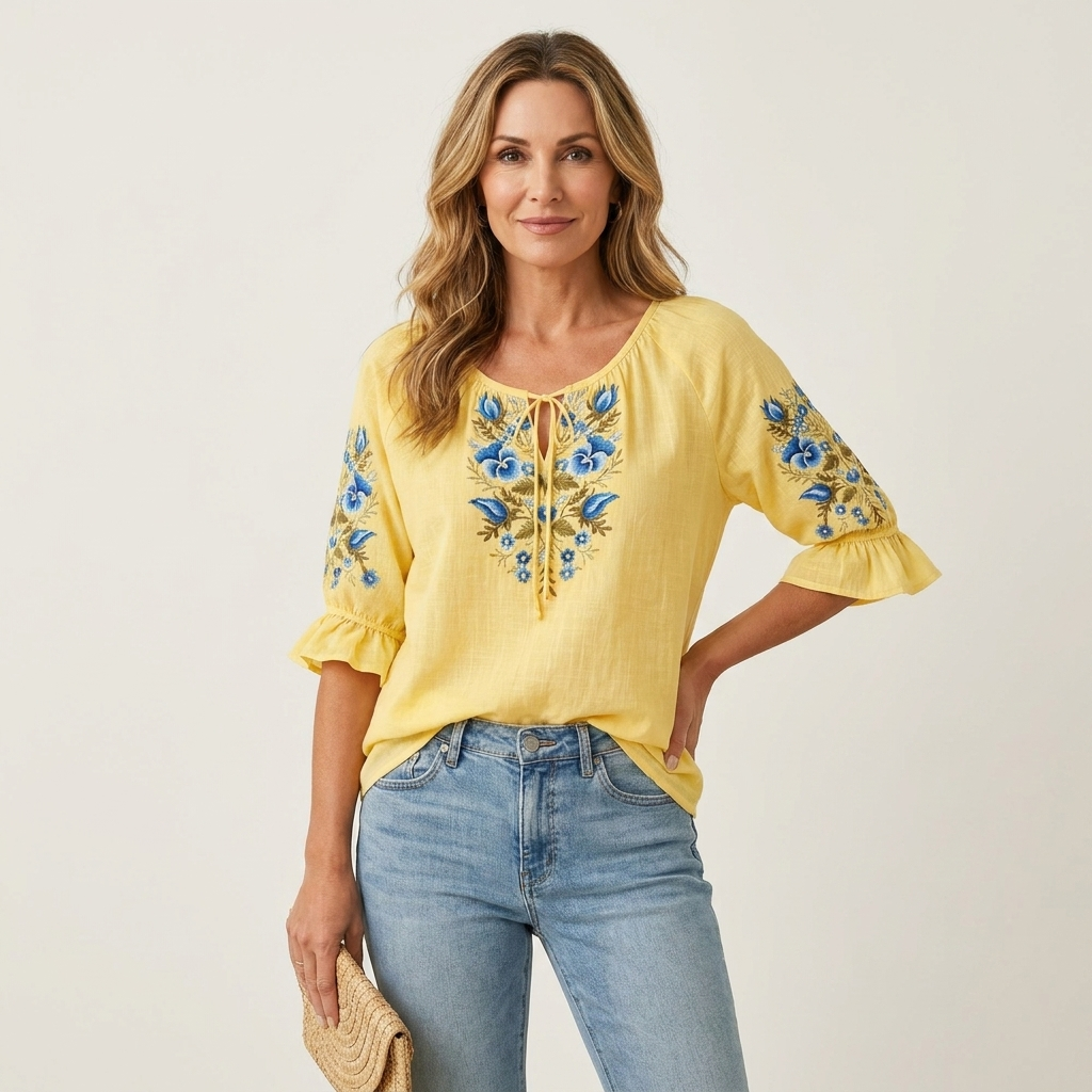Elora | Floral Embroidered Tie-Neck Ruffle Sleeve Blouse