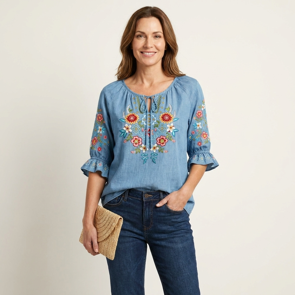 Elora | Floral Embroidered Tie-Neck Ruffle Sleeve Blouse