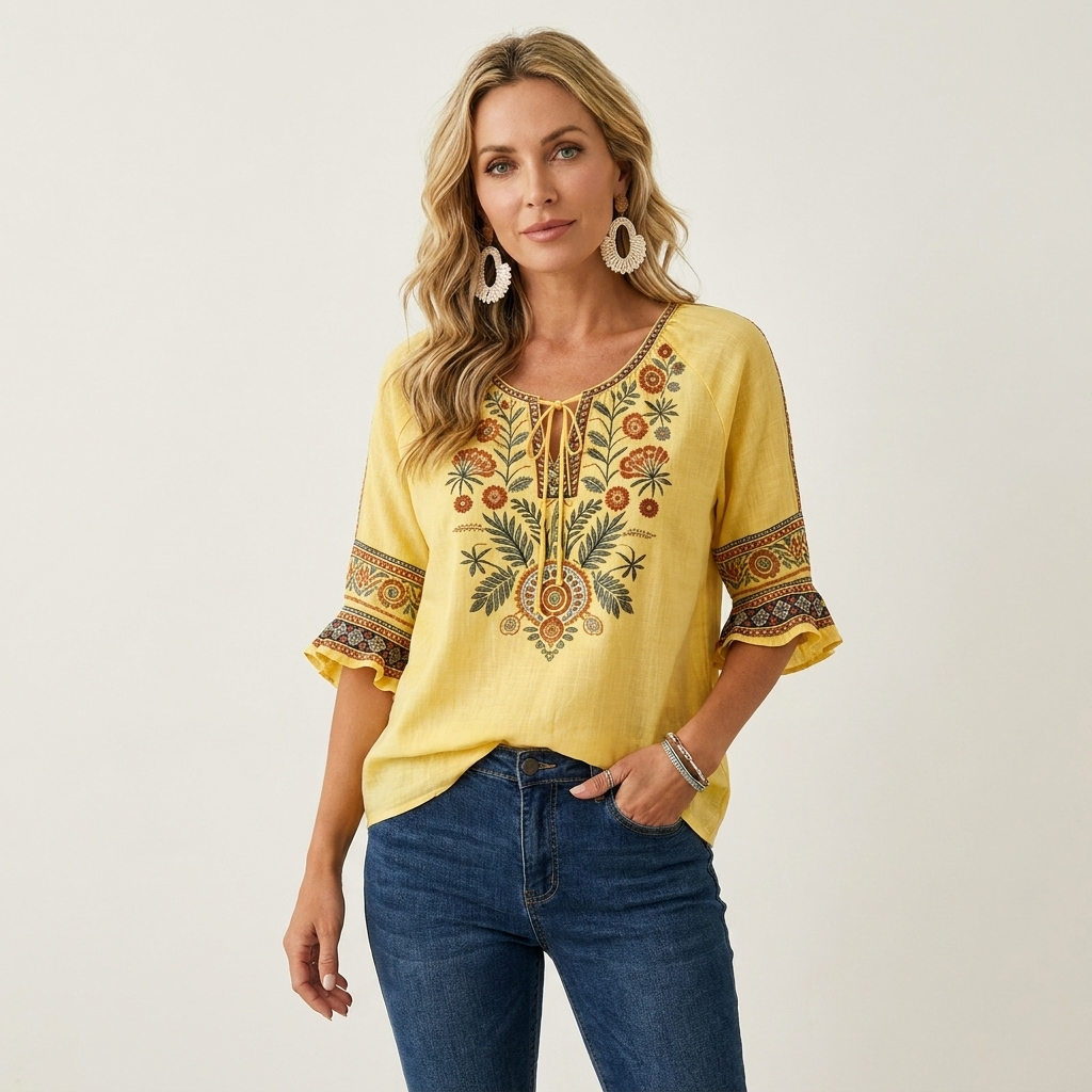 Elora | Floral Embroidered Tie-Neck Ruffle Sleeve Blouse