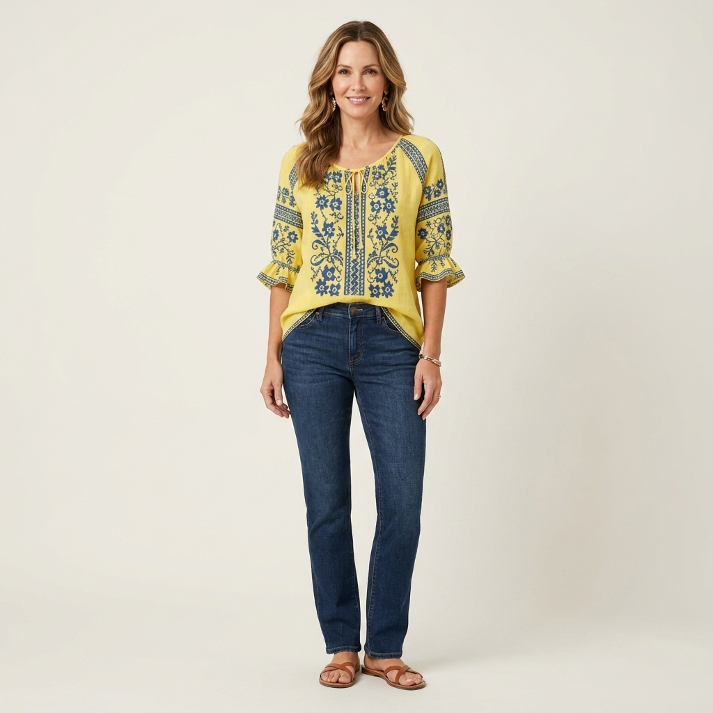 Elora | Floral Embroidered Tie-Neck Ruffle Sleeve Blouse