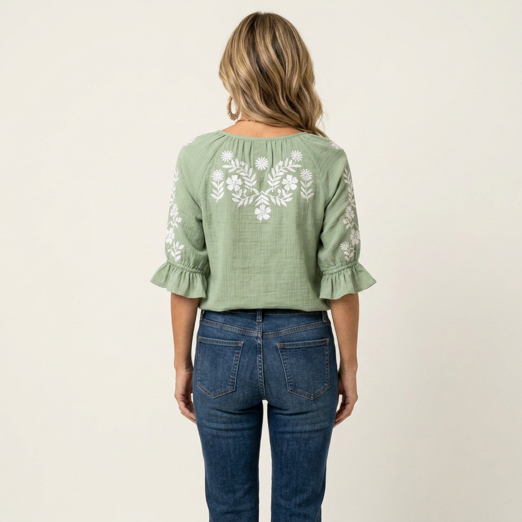 Elora | Floral Embroidered Tie-Neck Ruffle Sleeve Blouse