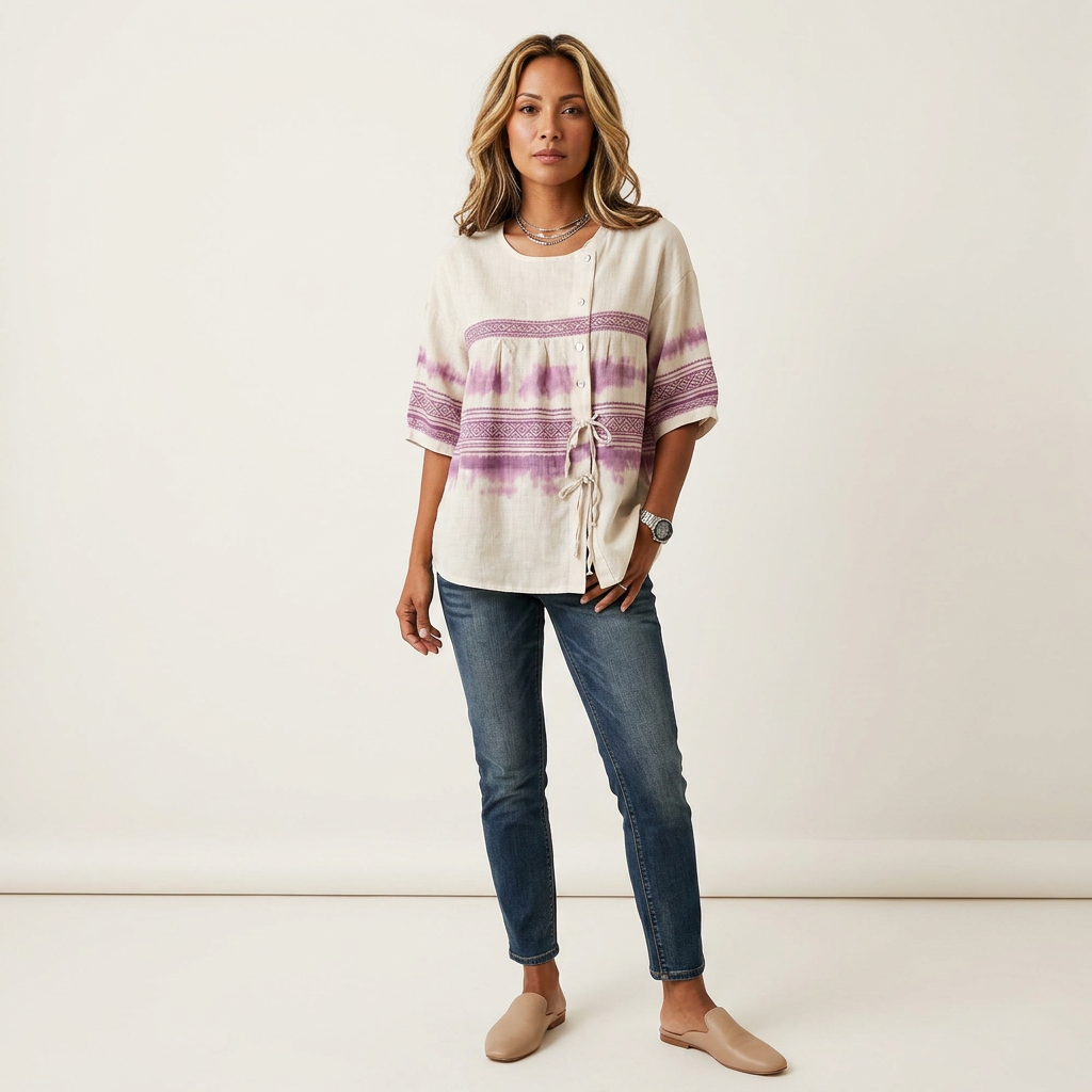 Lorana | Tie-Dye Geometric Print Drawstring Blouse