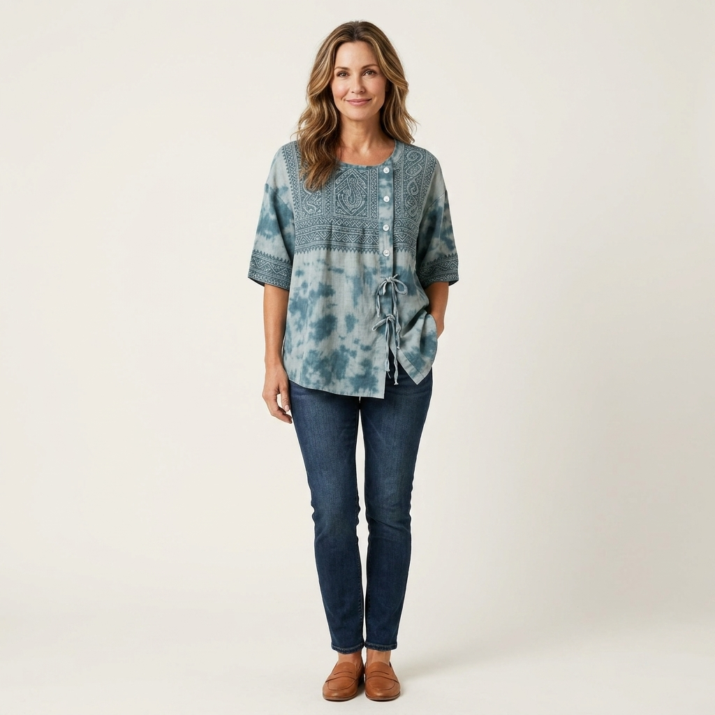 Lorana | Tie-Dye Geometric Print Drawstring Blouse